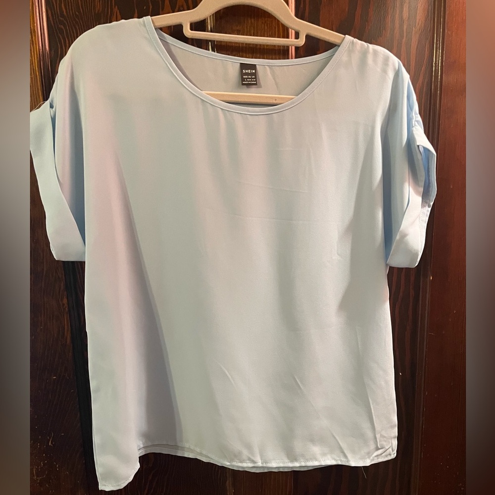 Baby Blue Roll Sleeve Blouse Size L
